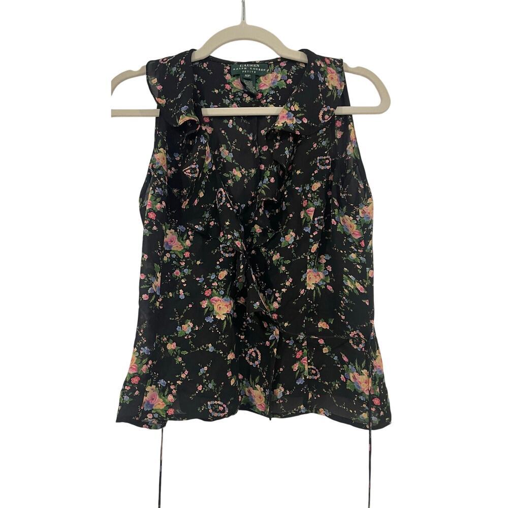 Lauren Ralph Lauren Black Pink Floral Ruffle Neck 100% Silk Wrap Top Size 10P